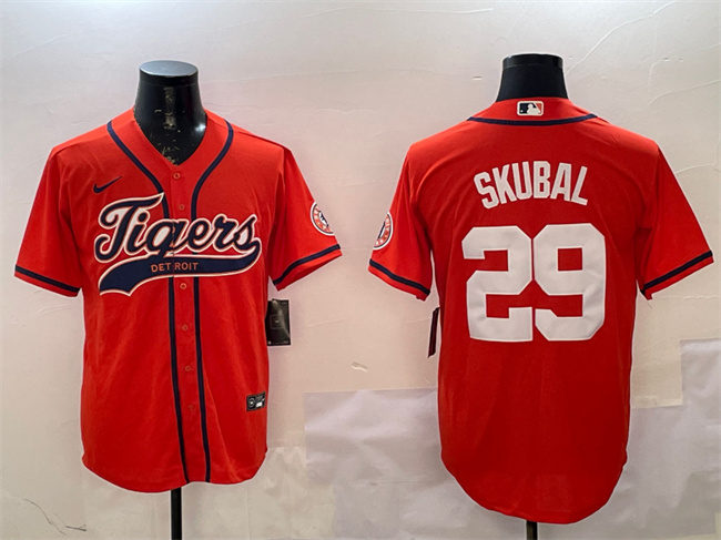 Men's Detroit Tigers #29 Tarik Skubal Orange With Patch Cool Base Stitched Baseball Jersey Men's Detroit Tigers #29 Tarik Skubal Orange With Patch Cool Base Stitched Baseball Jersey